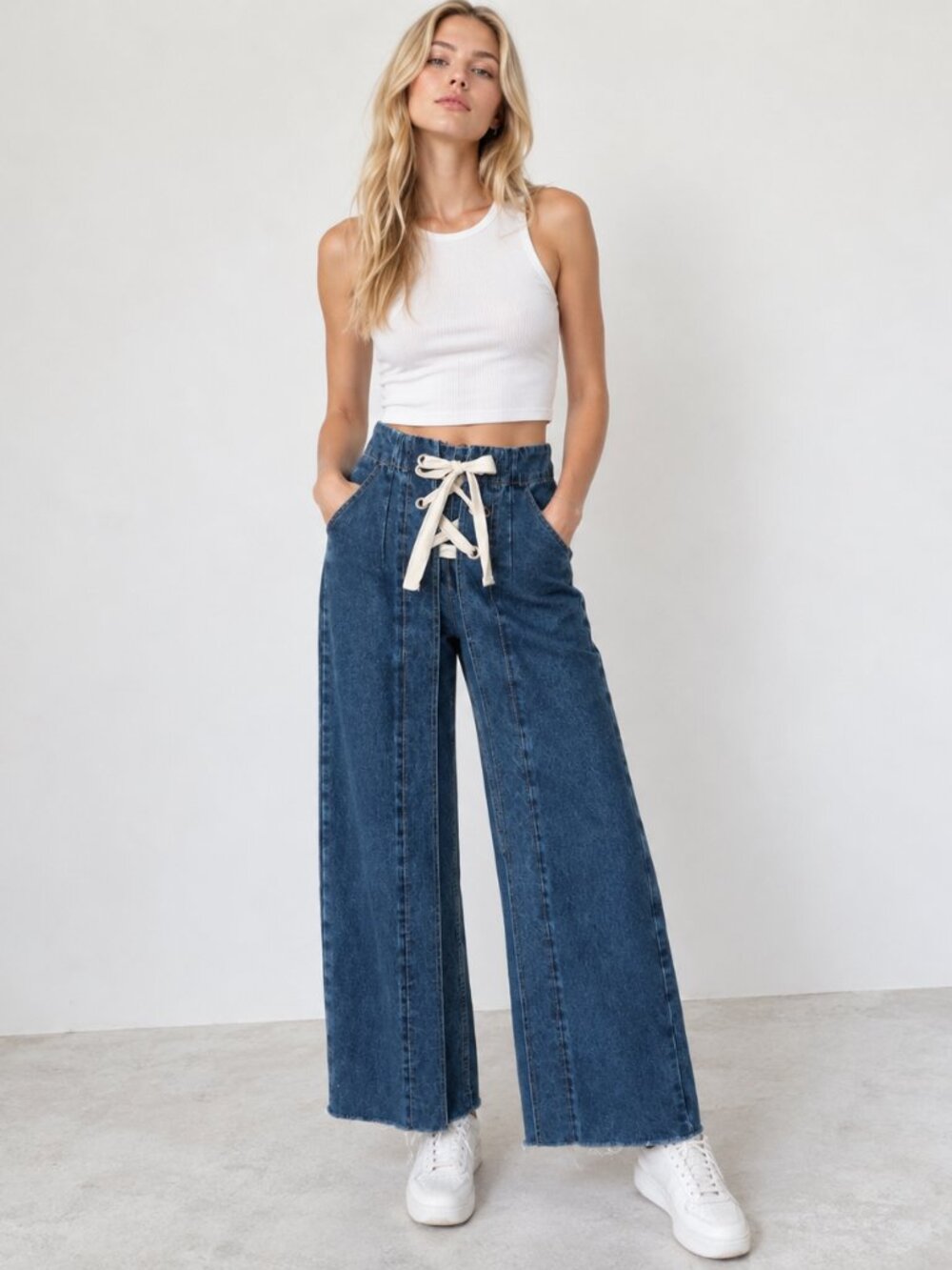 Topshop Moto Lace Up Front Wide Leg High Rise Cropped Jeans Raw Hem W24 L32